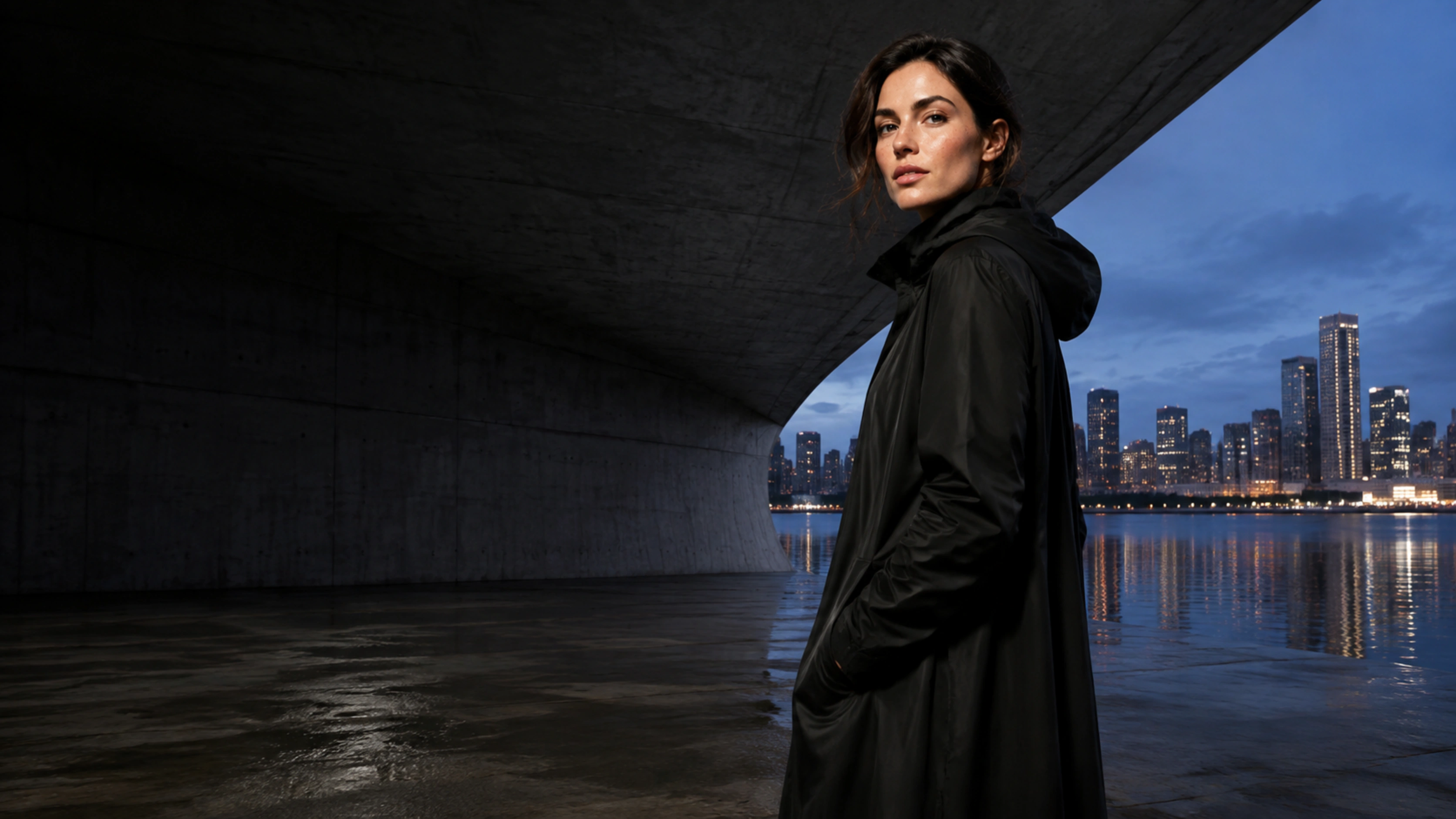 A filmmaker in a sculptural black coat overlooking a waterfront city beneath curved concrete architecture